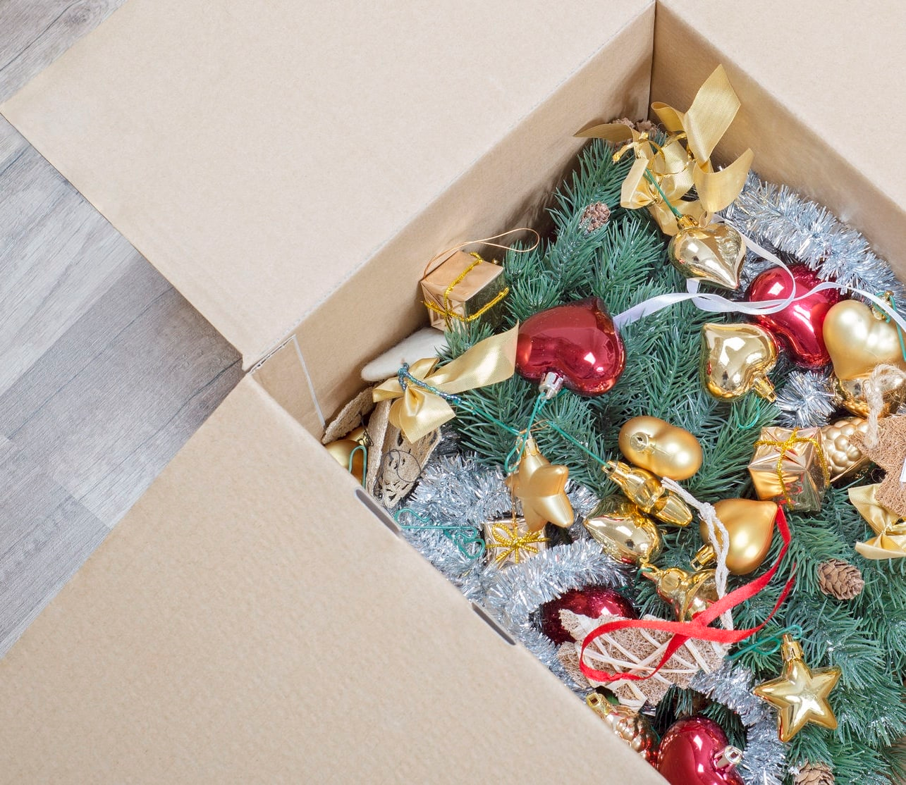 Open Box of Christmas Decorations