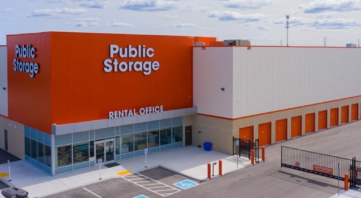 close-up aerial view of Public Storage Vaughan showing the rental office, outdoor parking, and drive up storage units