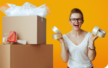 cheerful woman holding 4 rolls of packing tape