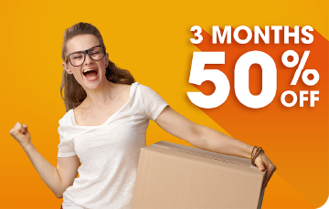 woman holding a box while cheering. Image text reads 3 months 50% off