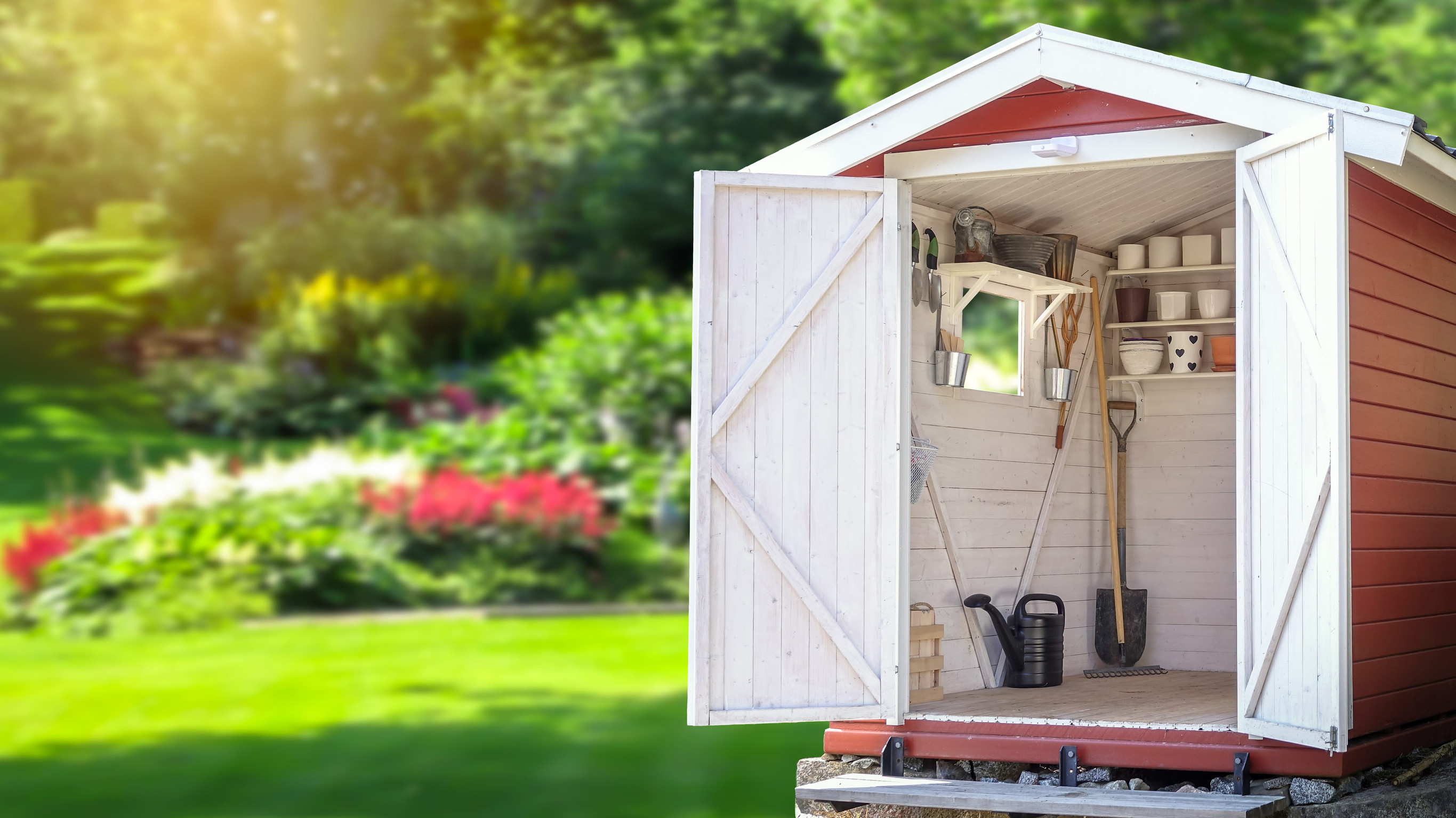 Abri de jardin ouvert avec étagères organisées, outils de jardinage et arrosoir dans une cour arrière paysagée et ensoleillée.