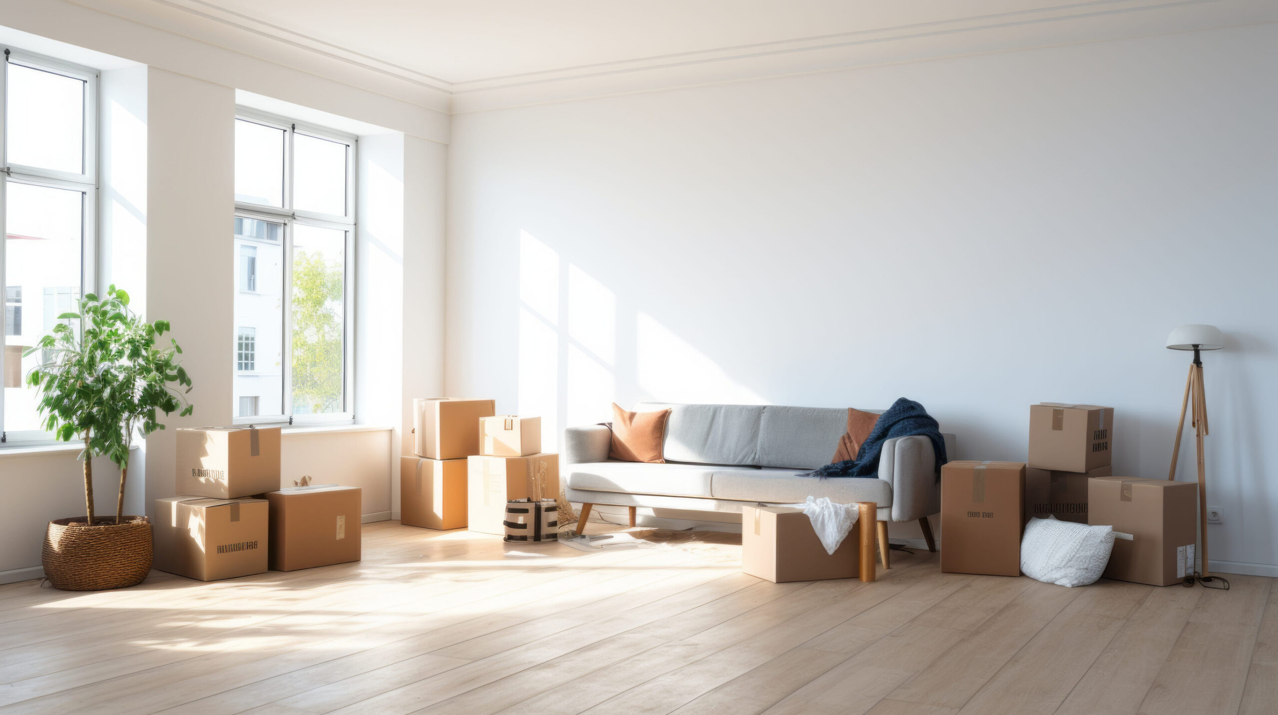 Moving boxes in a bright living room while downsizing a home