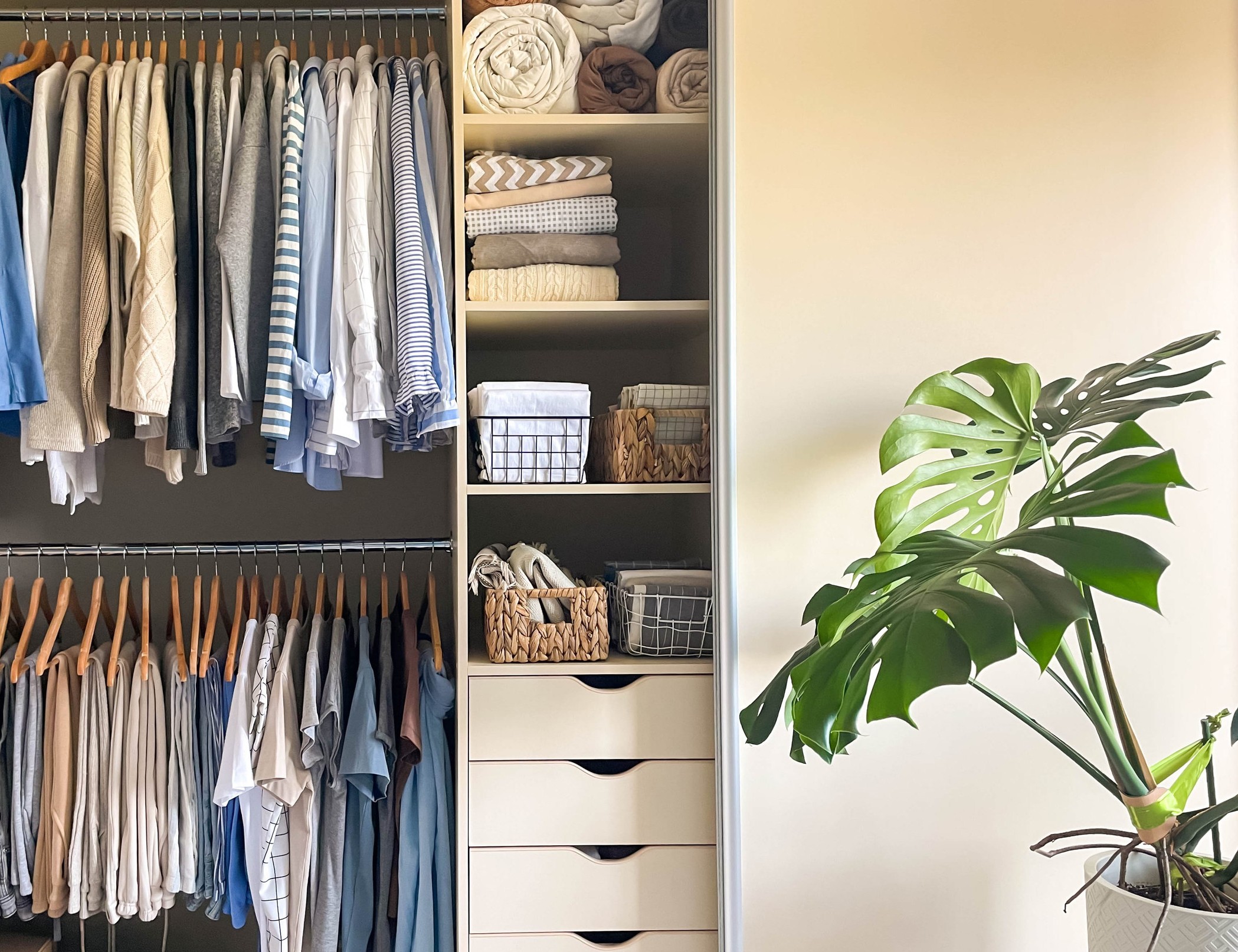 Petit garde-robe organisé avec deux tringles, des étagères et des tiroirs