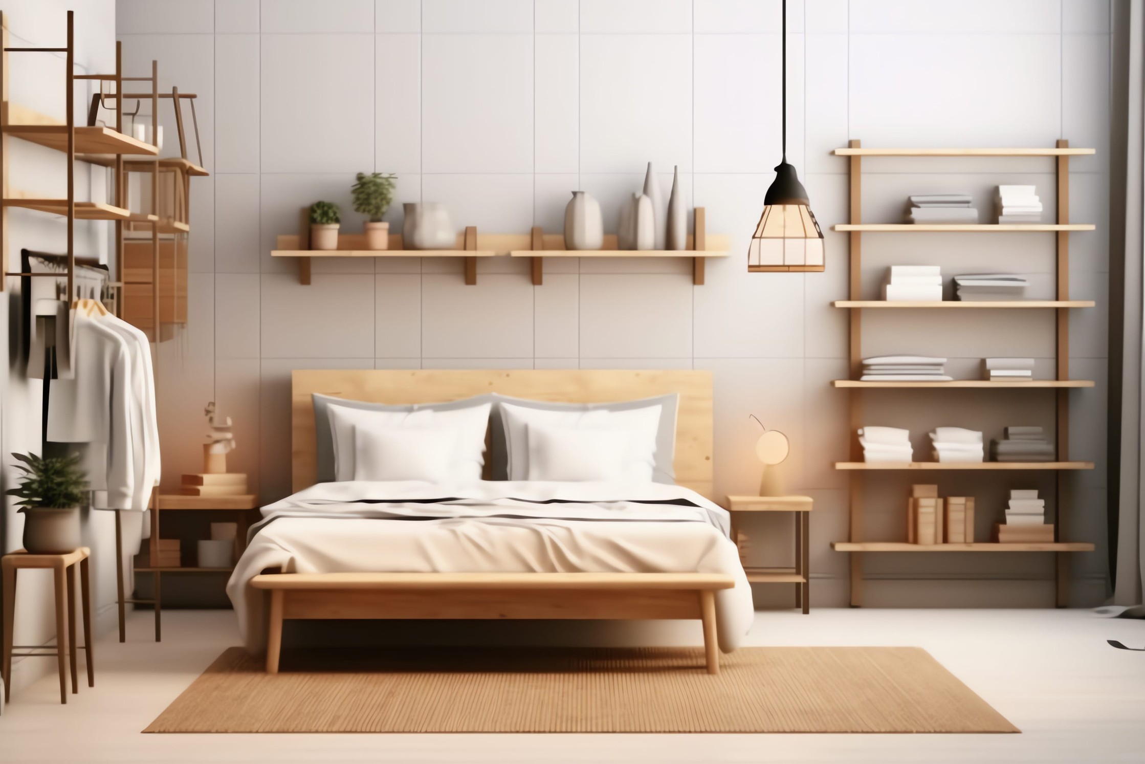 Petite chambre avec des étagères murales et des solutions de rangement