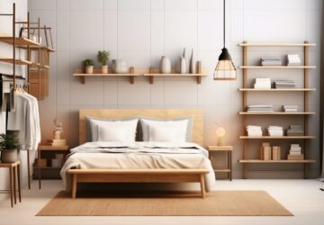 Small bedroom with wall-mounted shelves and space-saving storage