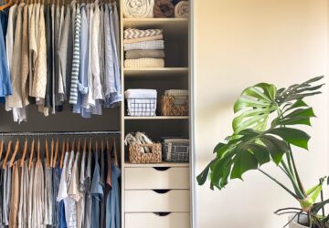 Small organized closet with double hanging rods, shelves and drawers